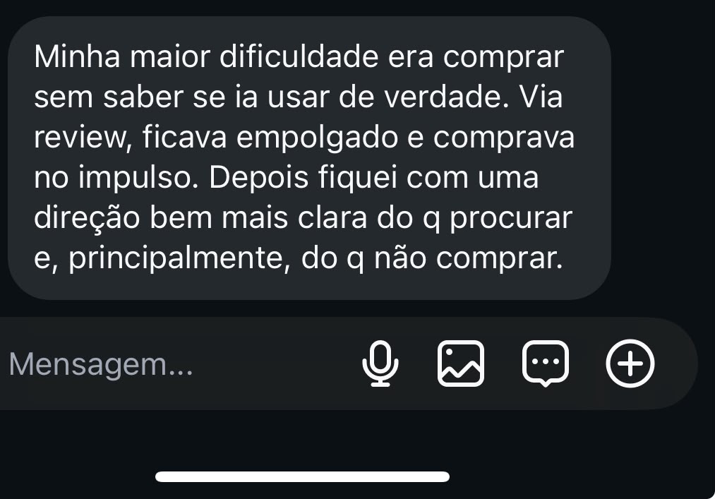 Captura de depoimento: cliente deixou de comprar por impulso e ganhou clareza sobre o que procurar e evitar.